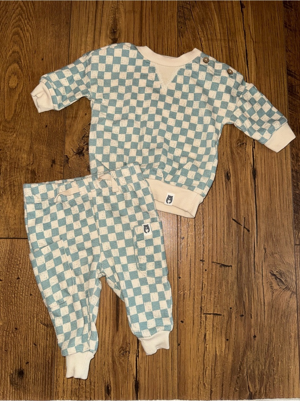 100% organic cotton Checkered Two-Piece Knit Set in Cream and Light Teal